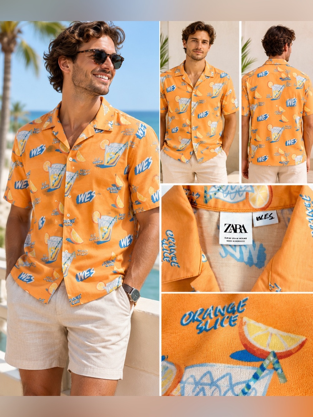 Zara WES Orange Juice Print Camp Shirt Men’s M Short Sleeve Resort